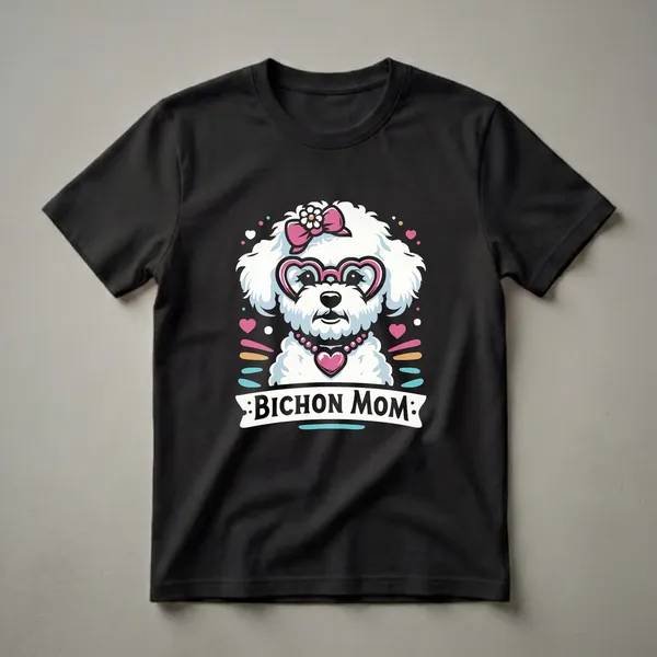 White Bichon Frise dog wearing pink heart-shaped glasses, a pink bow with a flower, and a pink beaded necklace with a heart pendant, with the text 'BICHON MOM' below, on a black t-shirt.