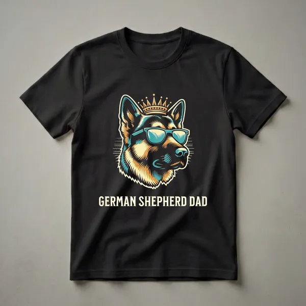 Black t-shirt featuring a stylized German Shepherd head wearing blue sunglasses and a gold crown, with the text 'GERMAN SHEPHERD DAD' below.