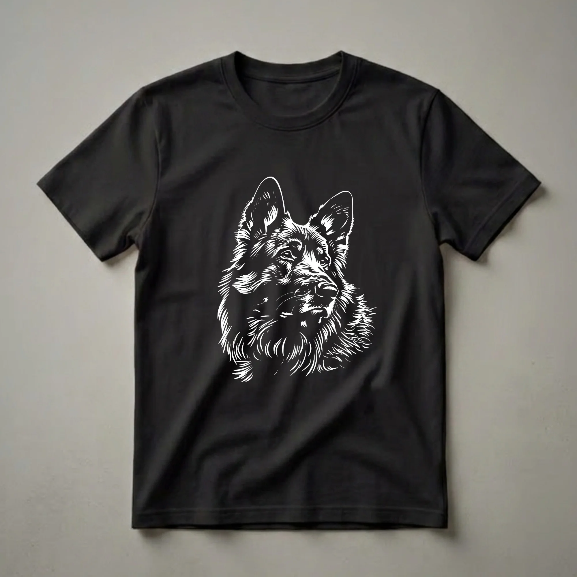 White line art graphic of a German Shepherd's head, showcasing its detailed fur and facial features, printed on a black t-shirt.