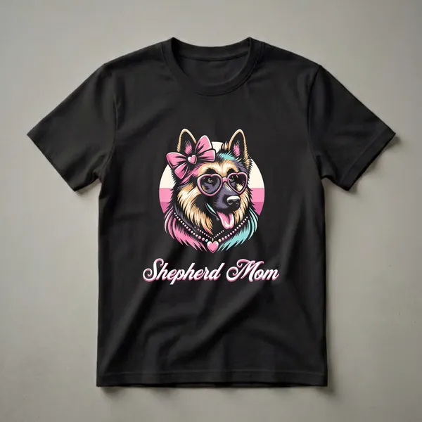 Black t-shirt featuring a colorful graphic of a German Shepherd wearing a pink bow, heart-shaped glasses, and a pearl necklace, with the words 'Shepherd Mom' below.