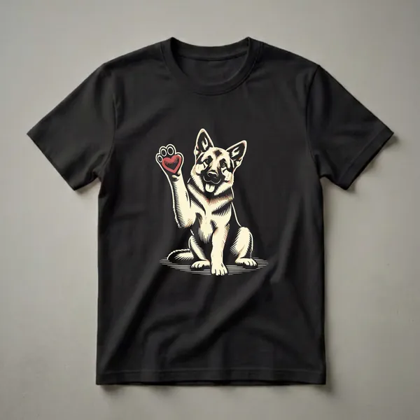 Cream and black graphic t-shirt featuring a sitting German Shepherd dog with its front paw raised, showing a red heart within the paw print.