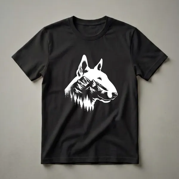 White graphic of a Bull Terrier dog's head filled with a mountain range and pine trees, set against a black background.