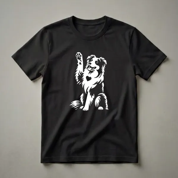 White graphic of an Australian Shepherd dog sitting with its paw raised and a heart on its chest, on a black t-shirt.