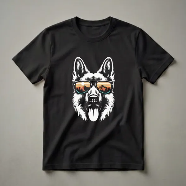 Black t-shirt with a graphic of a white German Shepherd's face wearing sunglasses that reflect a mountain sunset scene with pine trees.