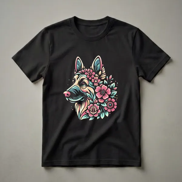 Black t-shirt featuring a colorful graphic of a German Shepherd's head adorned with pink, teal, and cream flowers and leaves.