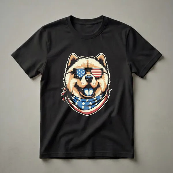 Black t-shirt with a full-color fluffy golden-tan Chow Chow wearing black sunglasses with American flag lenses and a red, white, and blue stars-and-stripes bandana.