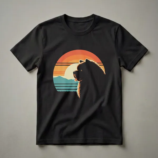 Black silhouette of a Chow Chow dog with its tongue out, set against a retro sunset with orange, yellow, and teal stripes, mountains, and grass.