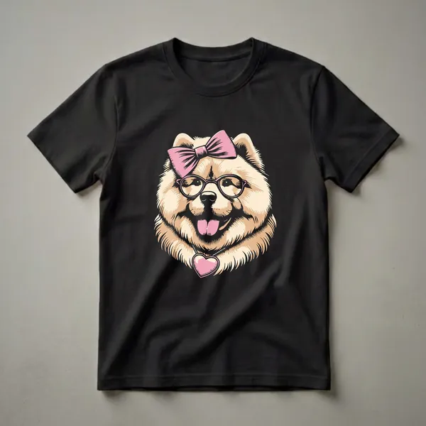 A graphic t-shirt featuring a cream-colored Chow Chow dog wearing pink glasses and a pink bow, with a pink heart pendant around its neck.