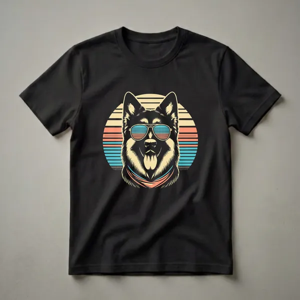 Black t-shirt featuring a retro graphic of a German Shepherd dog wearing sunglasses against a striped sunset background.