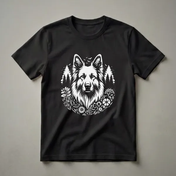 Black t-shirt with a white graphic design of a German Shepherd's head surrounded by pine trees, flowers, and birds in a circular nature motif.
