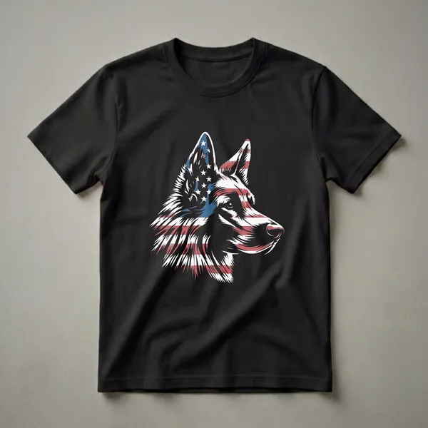A black t-shirt featuring a graphic design of a German Shepherd's head rendered with the American flag, showing stars and stripes.