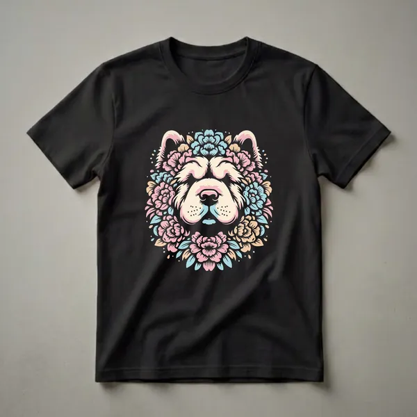 Black t-shirt featuring a stylized Chow Chow dog face adorned with a pastel pink, blue, and cream floral wreath, with the dog's eyes closed.