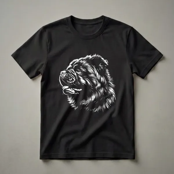 White line art illustration of a Chow Chow dog's head in profile, showcasing its mane and facial features, on a black t-shirt.
