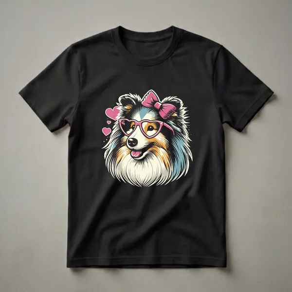 A black t-shirt featuring a graphic design of a Shetland Sheepdog wearing a pink bow and pink heart-shaped sunglasses, with pink hearts floating around its head.