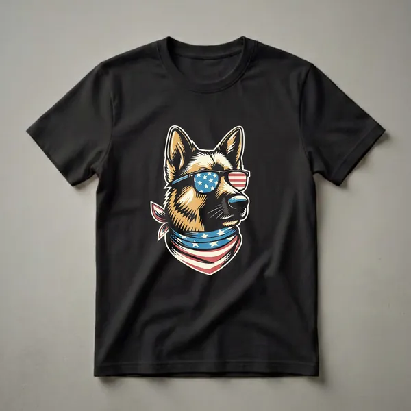 A graphic t-shirt featuring a German Shepherd wearing sunglasses and a bandana, both designed with American flag stars and stripes patterns.