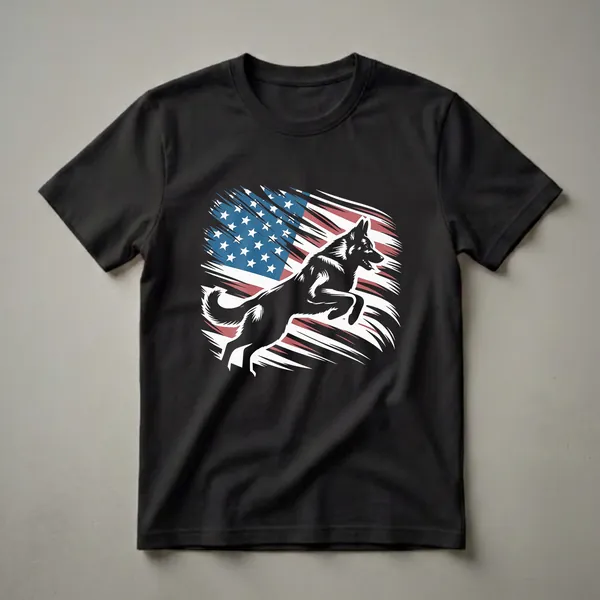 Black German Shepherd dog leaping in front of a distressed American flag graphic on a black t-shirt.