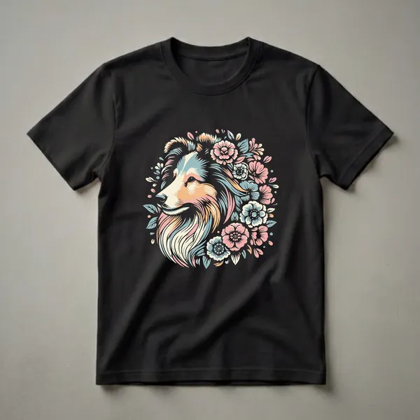 A graphic t-shirt featuring a stylized profile of a Shetland Sheepdog's head, composed of flowing lines in cream, peach, teal, and coral, intertwined with pastel flowers and leaves.