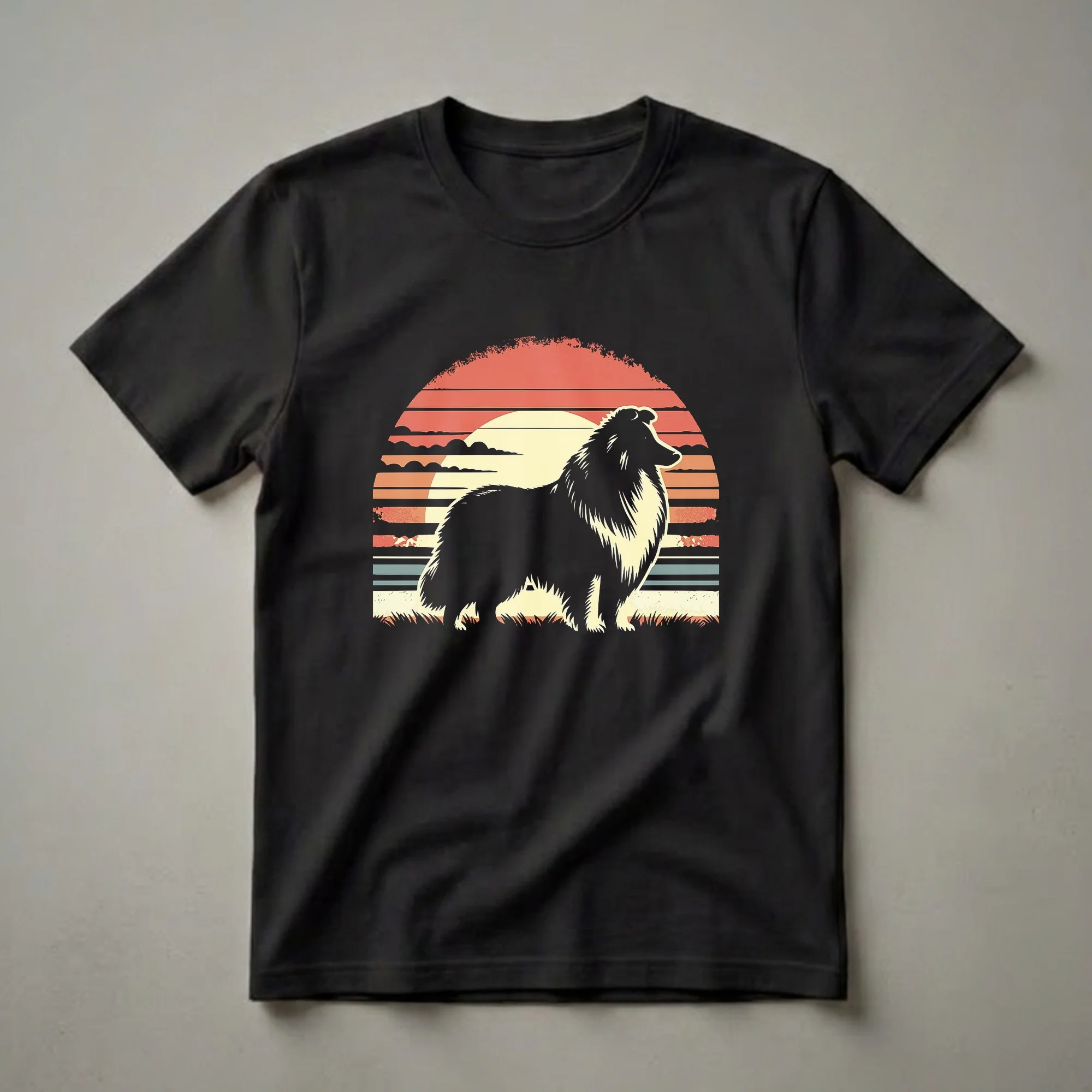 White Shetland Sheepdog silhouette against a retro sunset with orange, yellow, and blue stripes, on a t-shirt.