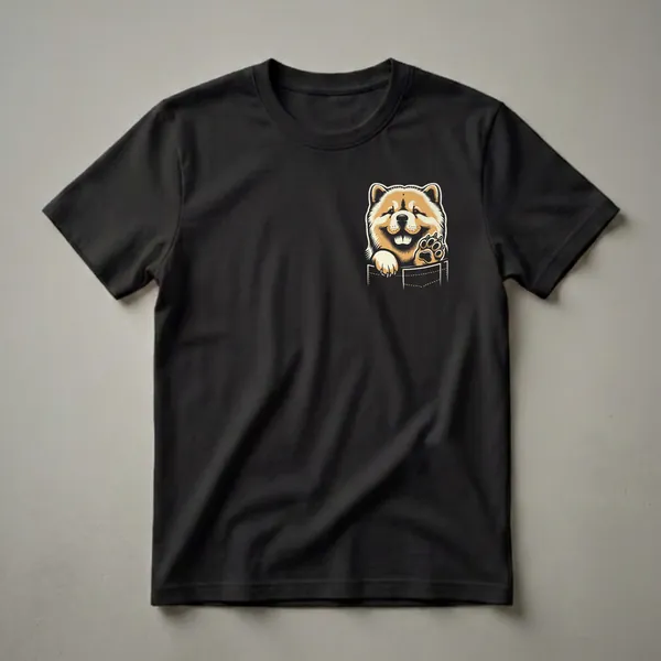 A graphic t-shirt featuring a tan and cream Chow Chow puppy peeking out of a dark pocket, with its paw raised.