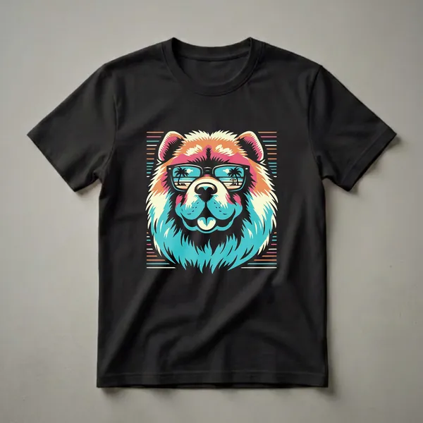 Black t-shirt featuring a colorful graphic of a Chow Chow dog wearing sunglasses that reflect a beach scene with palm trees and the sun.