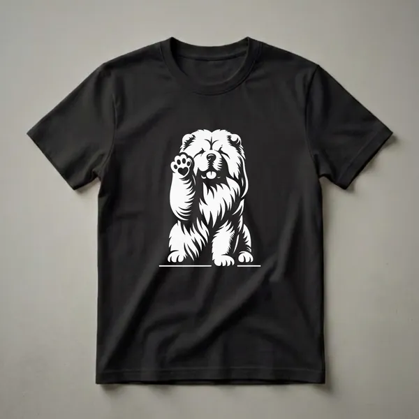 White graphic of a Chow Chow dog sitting and waving with a heart on its paw pad, on a black t-shirt.