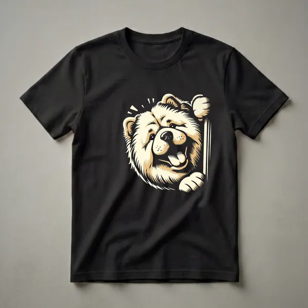 Black t-shirt with a cream and tan graphic of a Chow Chow dog peeking from the side with its tongue out and paws visible.