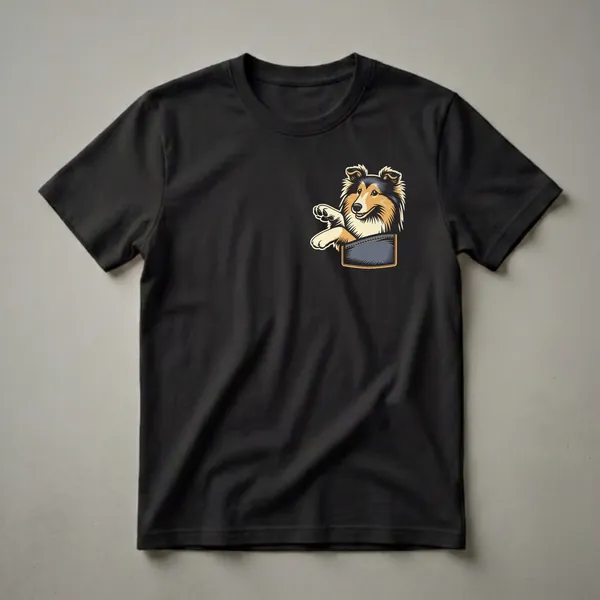 A graphic t-shirt featuring a cartoon Shetland Sheepdog with tri-color fur peeking out of a dark blue denim pocket, waving with one paw.