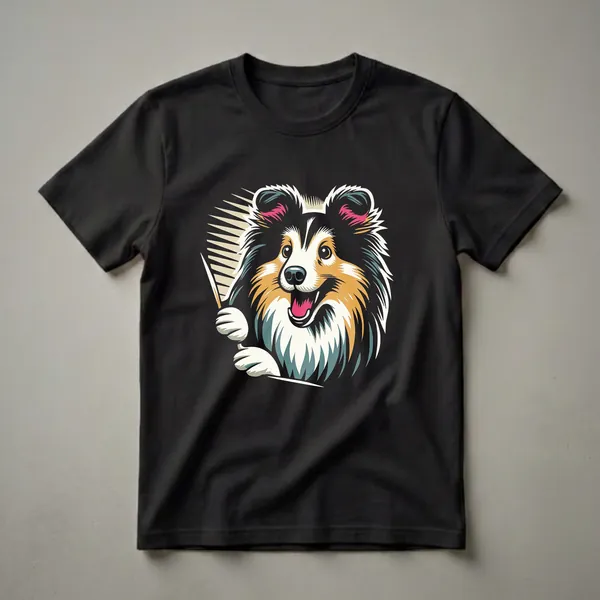 Black t-shirt featuring a colorful, stylized illustration of a Shetland Sheepdog's head peeking from the side, with sharp, angular lines and a black background.