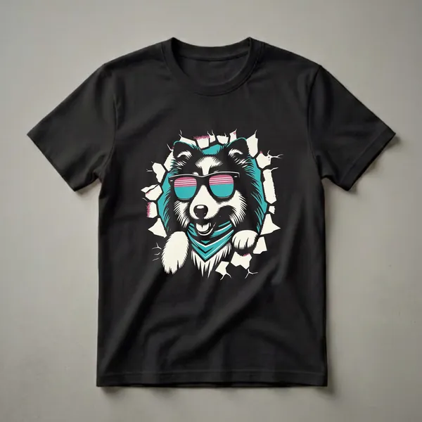 Black t-shirt featuring a graphic of a Shetland Sheepdog wearing retro sunglasses and a teal bandana, breaking through a cracked background.