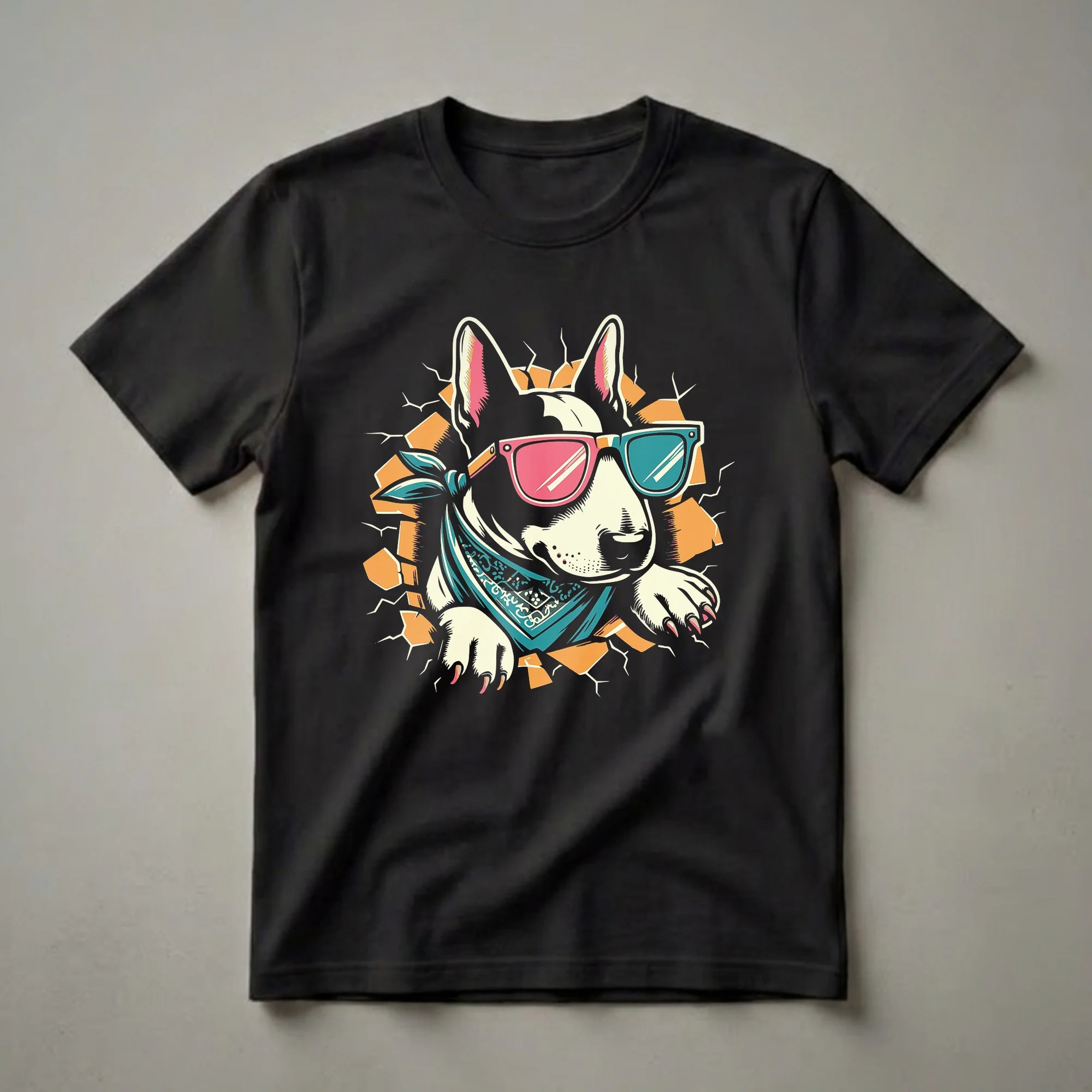 A Bull Terrier dog wearing pink and teal sunglasses and a blue bandana, bursting through a cracked orange and yellow wall, on a black t-shirt.