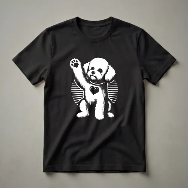 White graphic of a Bichon Frise dog sitting with its paw raised, wearing a collar with a heart emblem on its chest, against a black background with a striped circle.