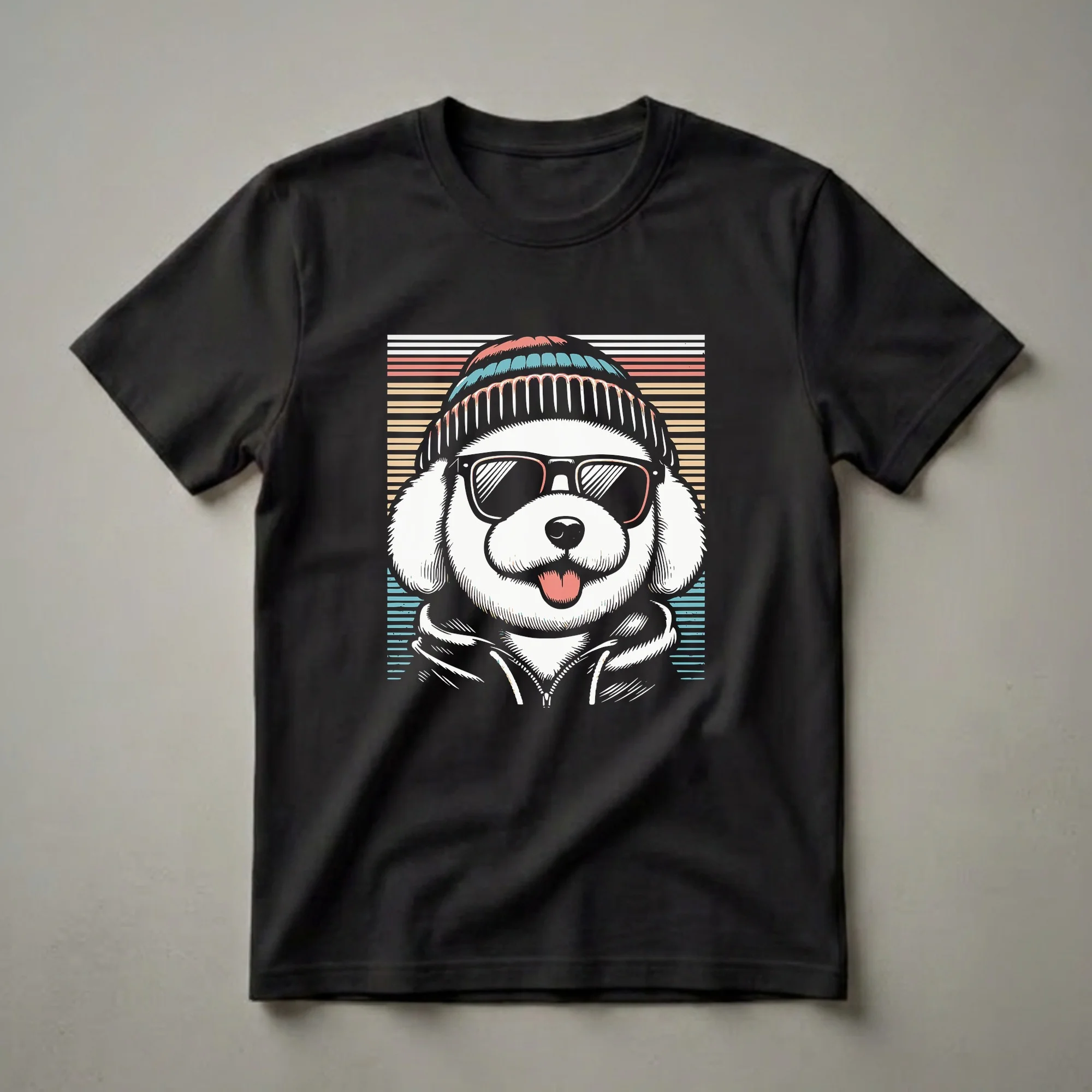 White Bichon Frise dog wearing black sunglasses and a colorful striped beanie, depicted in a graphic art style with a retro vibe.