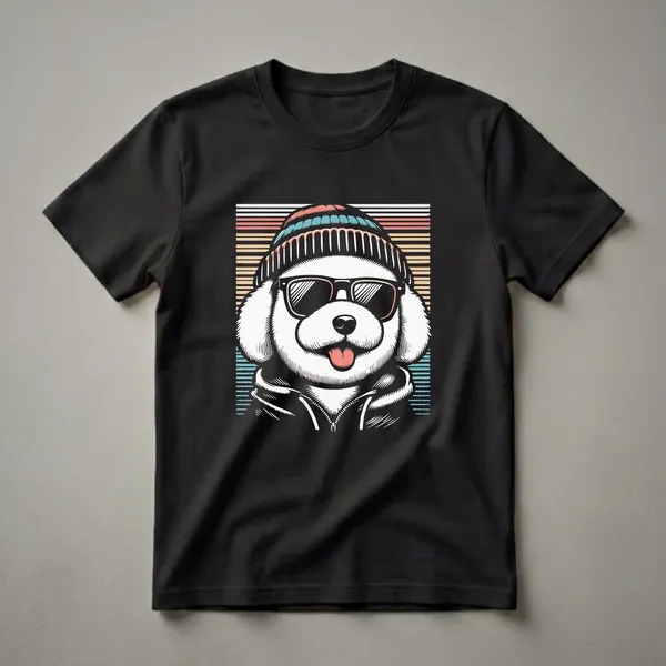 White Bichon Frise dog wearing black sunglasses and a colorful striped beanie, depicted in a graphic art style with a retro vibe.