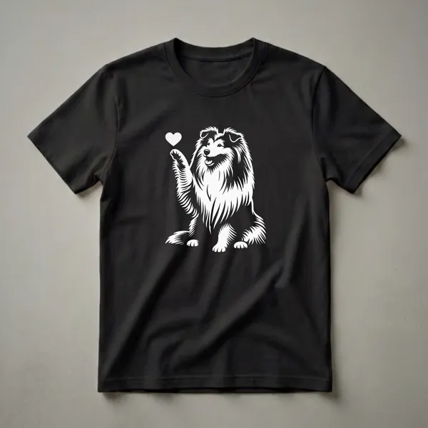White graphic of a Shetland Sheepdog sitting with its paw raised, holding a white heart above it, on a black background.
