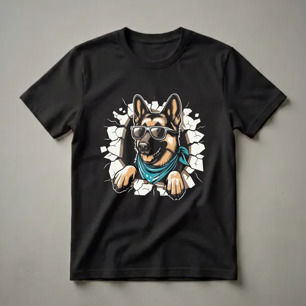 Black t-shirt featuring a graphic of a German Shepherd wearing white sunglasses and a blue bandana with white stars, breaking through a cracked white wall.