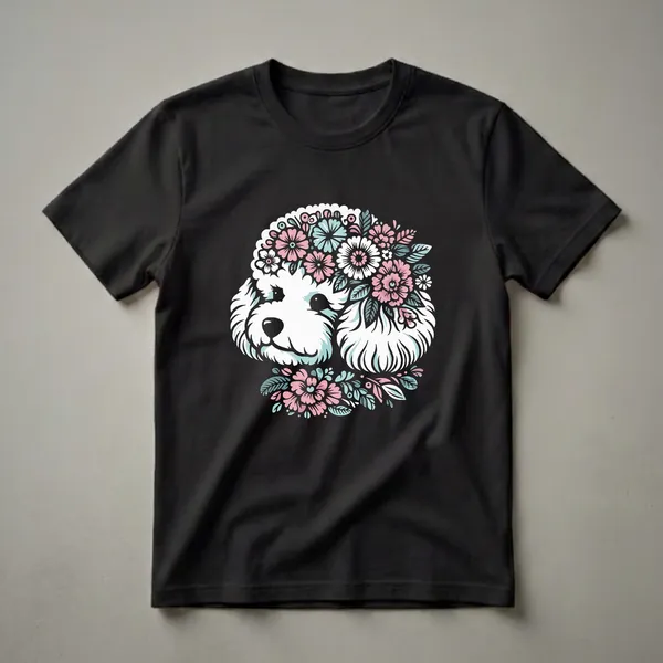 White Bichon Frise dog face surrounded by pink, blue, and white flowers and leaves graphic on a black background.