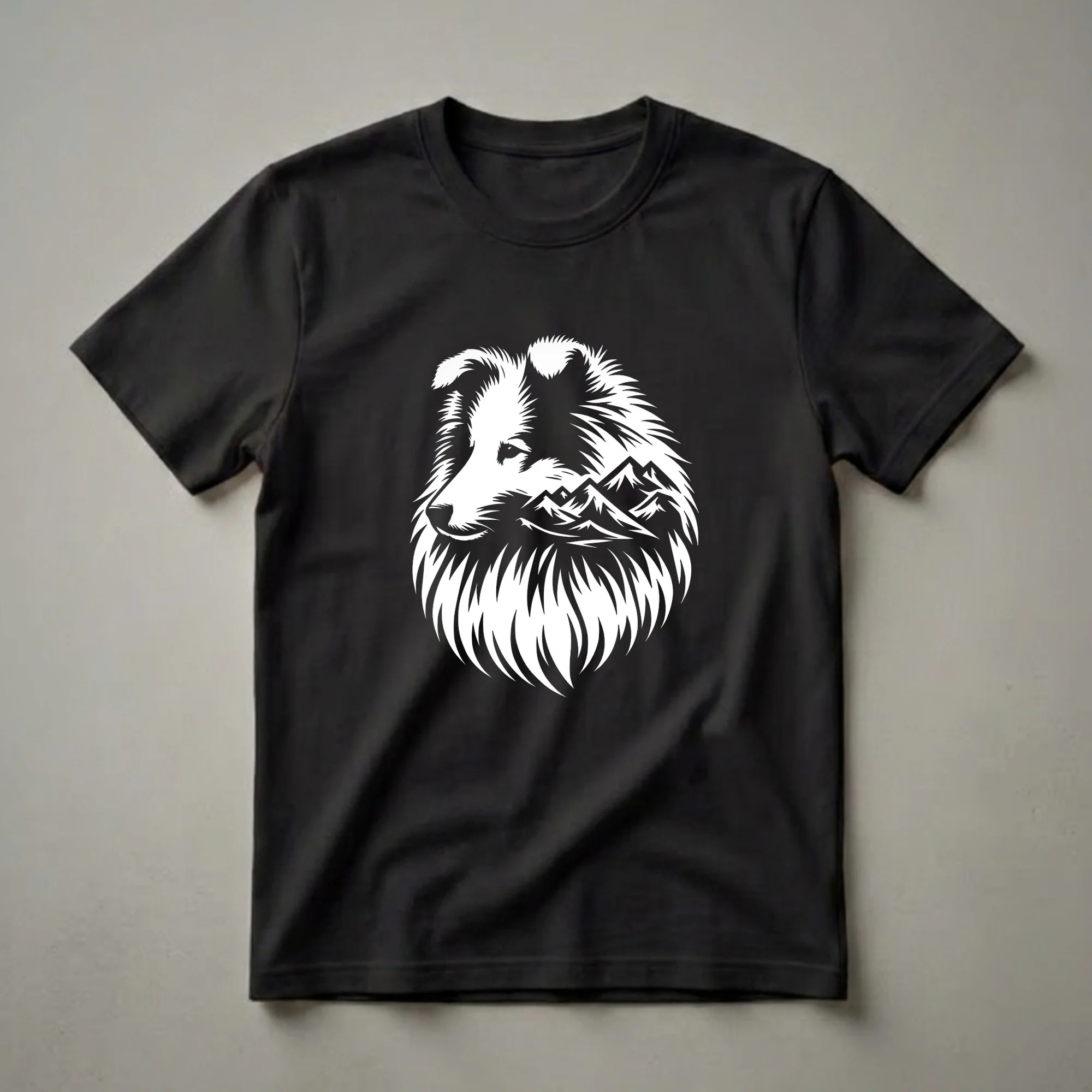 White graphic of a Shetland Sheepdog's head with a mountain range integrated into its mane, set against a black background.