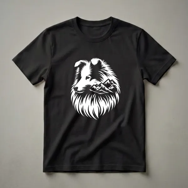 White graphic of a Shetland Sheepdog's head with a mountain range integrated into its mane, set against a black background.