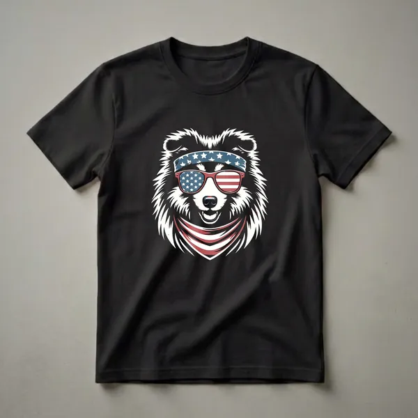 Black t-shirt featuring a graphic of a Shetland Sheepdog wearing a blue bandana with white stars, red-framed sunglasses with American flag lenses, and a red and white striped bandana around its neck.