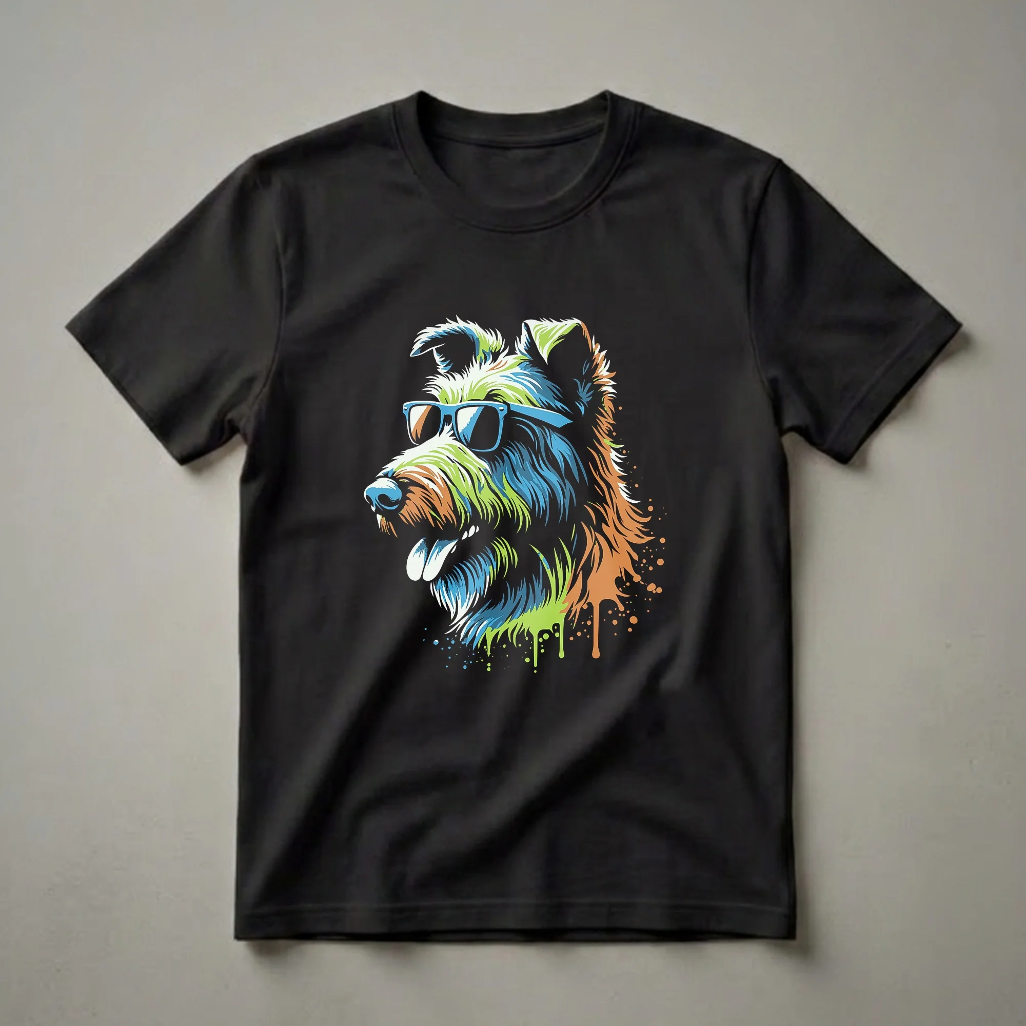 Black t-shirt featuring a colorful, abstract graphic of an Irish Wolfhound wearing blue sunglasses, with paint splatter details.