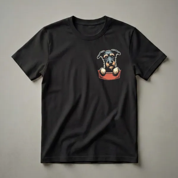 Black t-shirt featuring a stylized illustration of an Irish Wolfhound's head peeking out of a red pocket, with detailed fur and expressive eyes.
