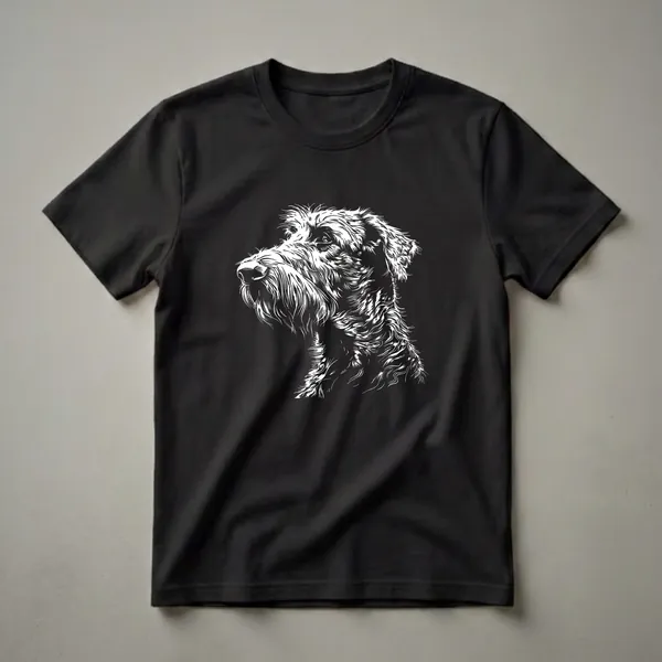 Black t-shirt with a white line art illustration of an Irish Wolfhound's head in profile, showcasing its shaggy fur and facial features.