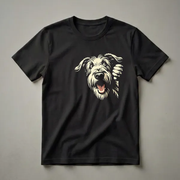 Cream-colored Irish Wolfhound dog peeking from the right side of a black t-shirt, with its mouth open and tongue out.