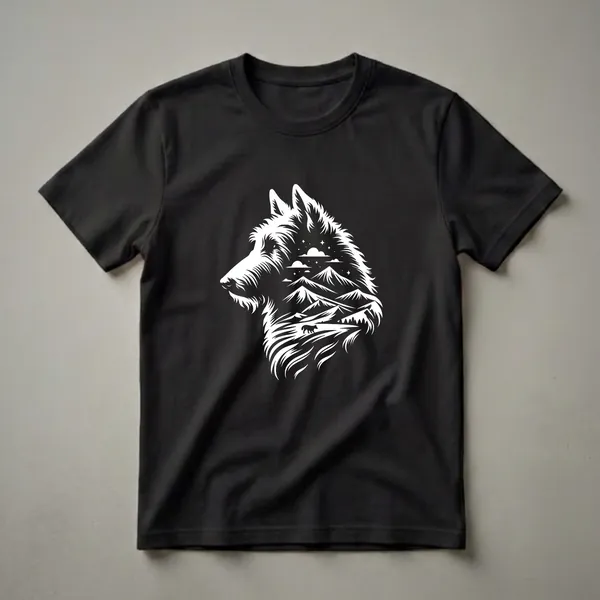 White graphic t-shirt design featuring the profile of an Irish Wolfhound's head filled with a mountain landscape, including peaks, a lake, a lone wolf, and a starry night sky.
