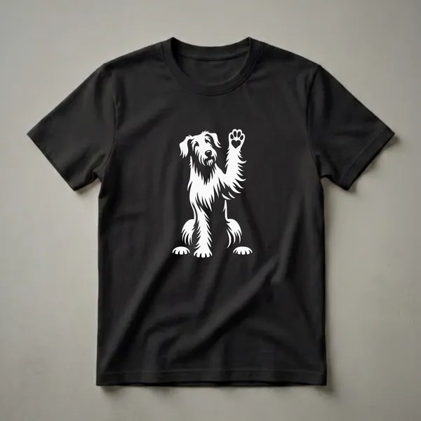 White graphic of a sitting Irish Wolfhound dog with its paw raised, showing a paw print with a heart, on a black background.