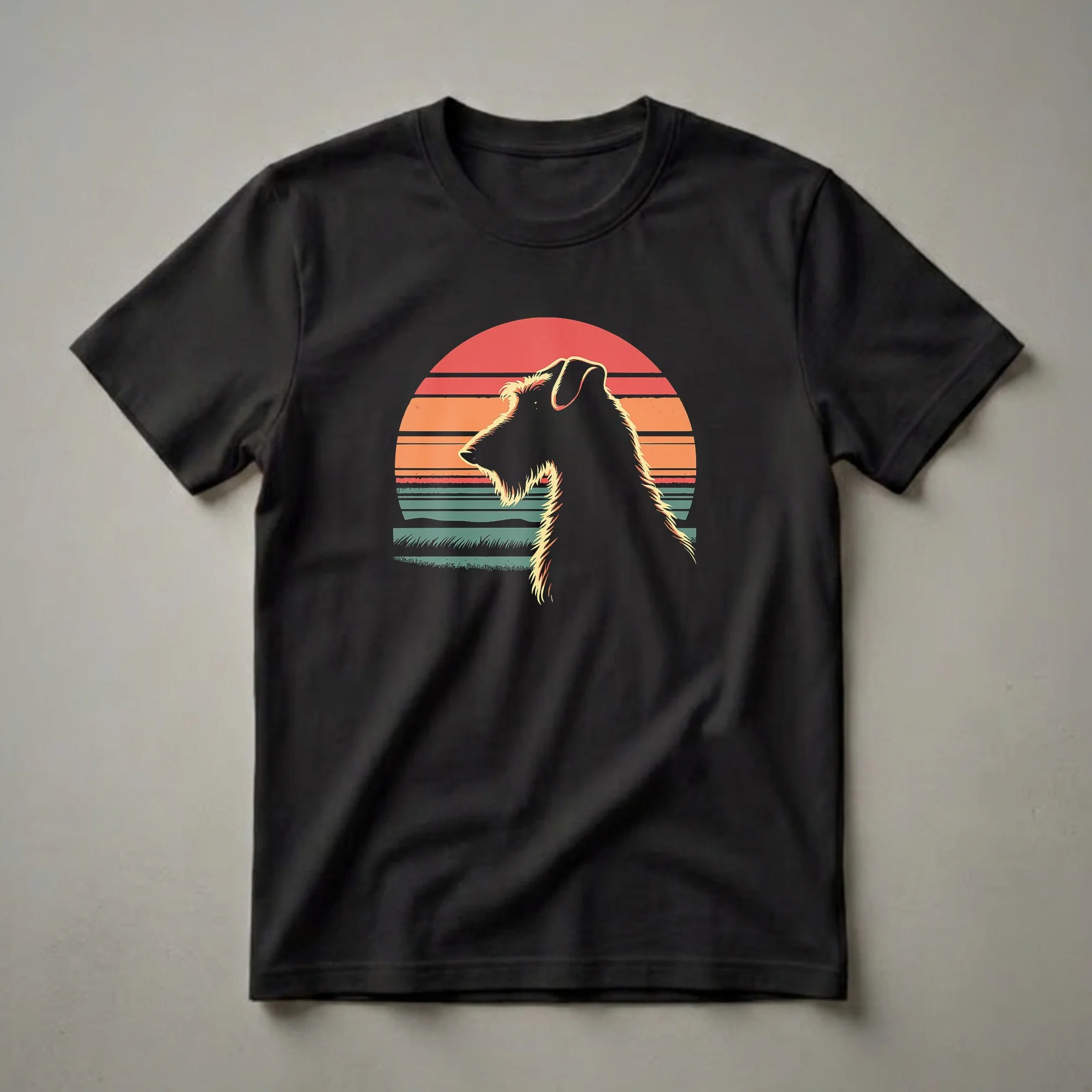 Black t-shirt with a retro sunset graphic featuring the silhouette of an Irish Wolfhound dog in profile, set against striped orange, red, and teal sunset.