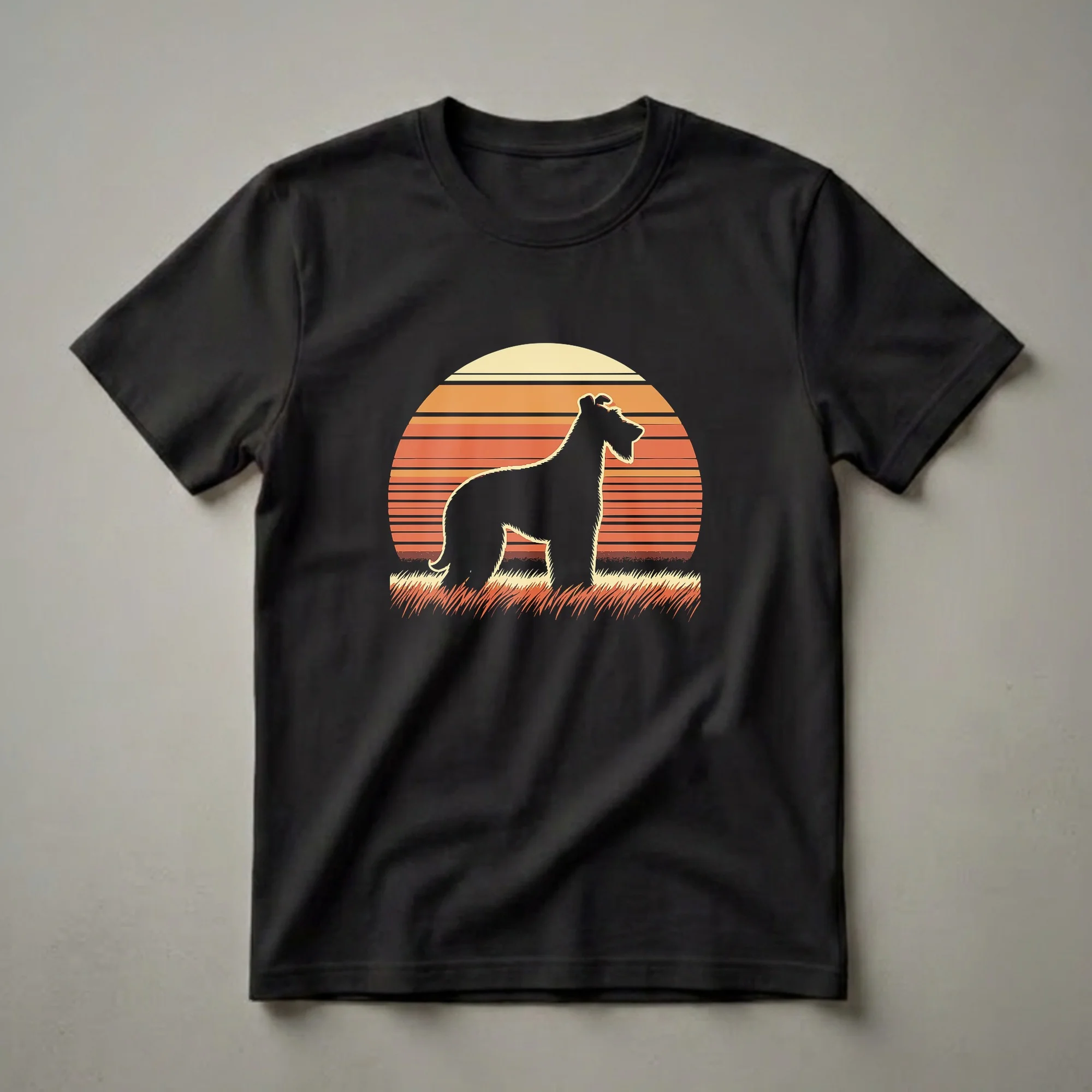 Black silhouette of an Irish Wolfhound dog standing in tall grass against a retro sunset with orange, yellow, and cream horizontal stripes.