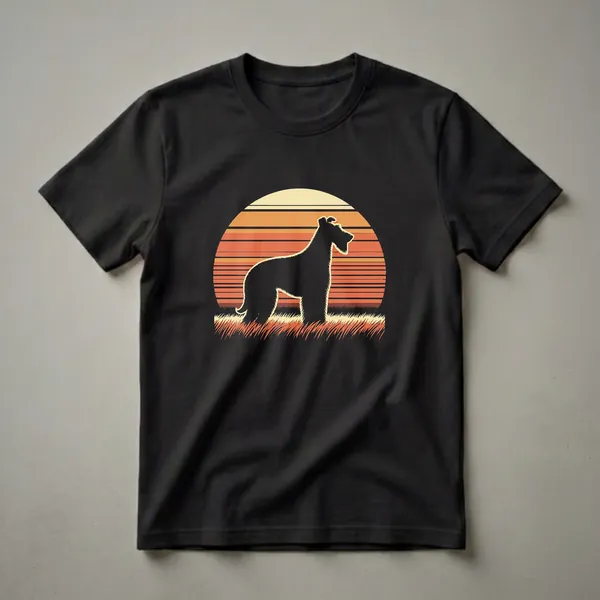 Black silhouette of an Irish Wolfhound dog standing in tall grass against a retro sunset with orange, yellow, and cream horizontal stripes.