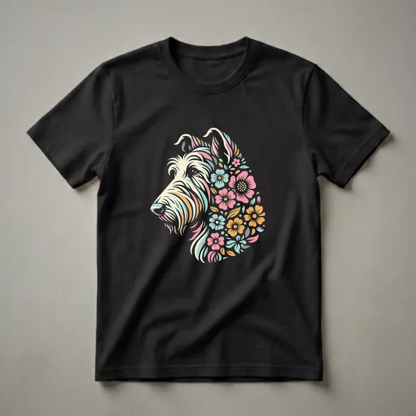 Black t-shirt featuring a profile graphic of an Irish Wolfhound's head, filled with colorful flowers and leaves in pink, teal, and gold.