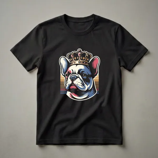 Black graphic t-shirt featuring a stylized French Bulldog wearing a golden crown, with colorful horizontal stripes in the background.